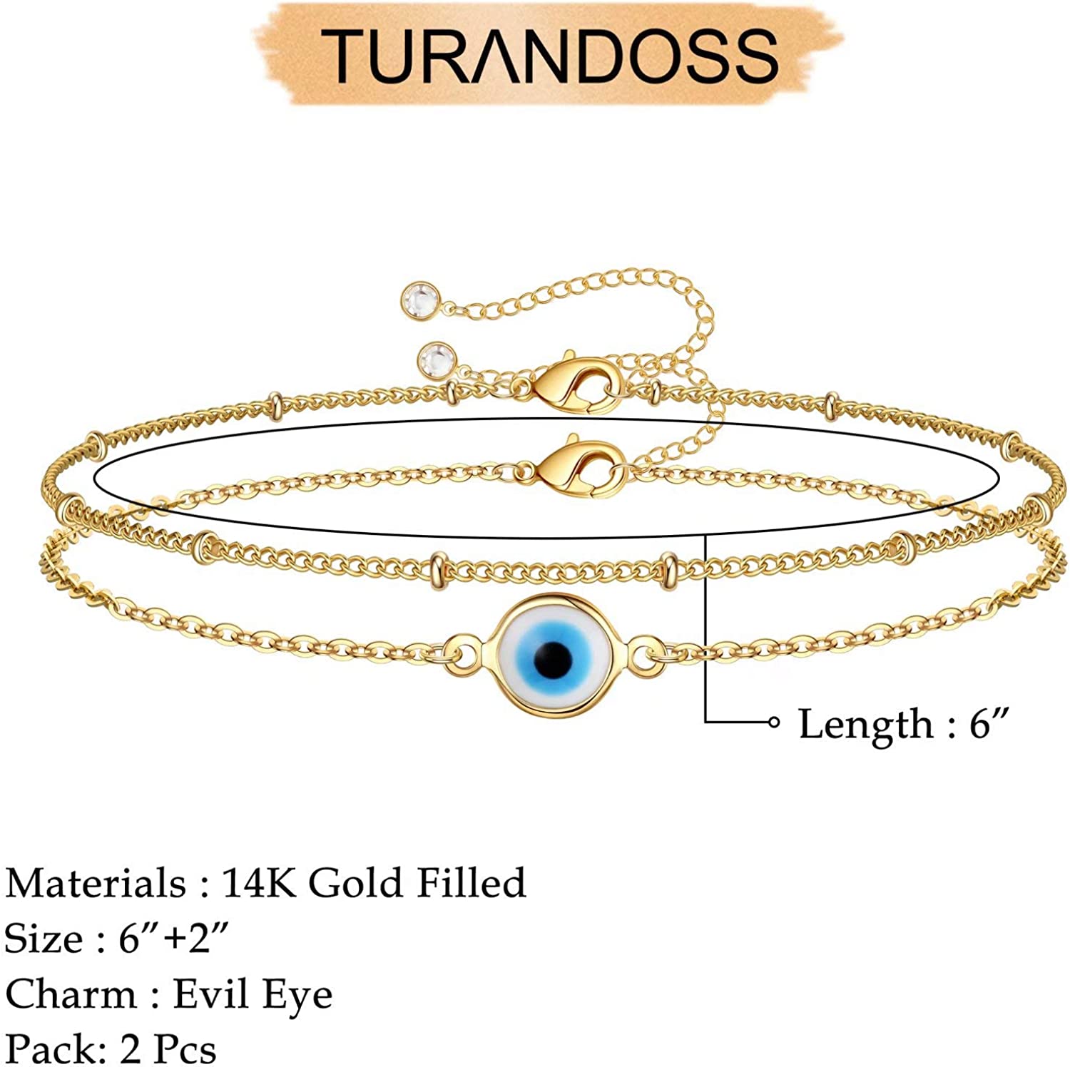 Dainty Gold Bracelets for Women, 14K Gold Filled Adjustable Layered Bracelet Cute Evil Eye Oval Chain Pearl Bar Turtle Gold Bracelets for Women Jewelry - Image 2